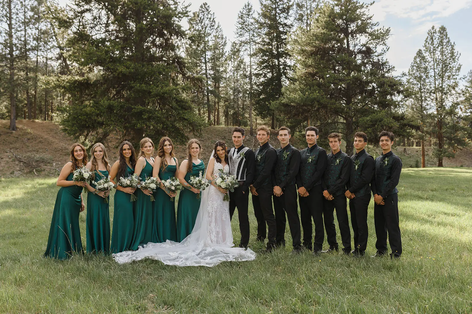 The full wedding party lined up in the meadow by the pines