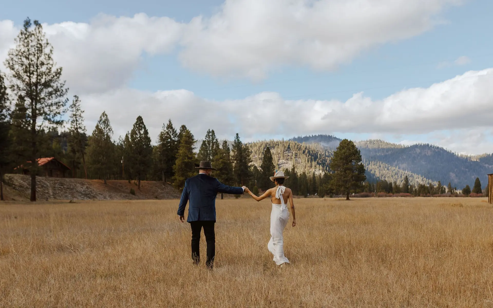 A couple walking hand in hand through golden grass in the valley