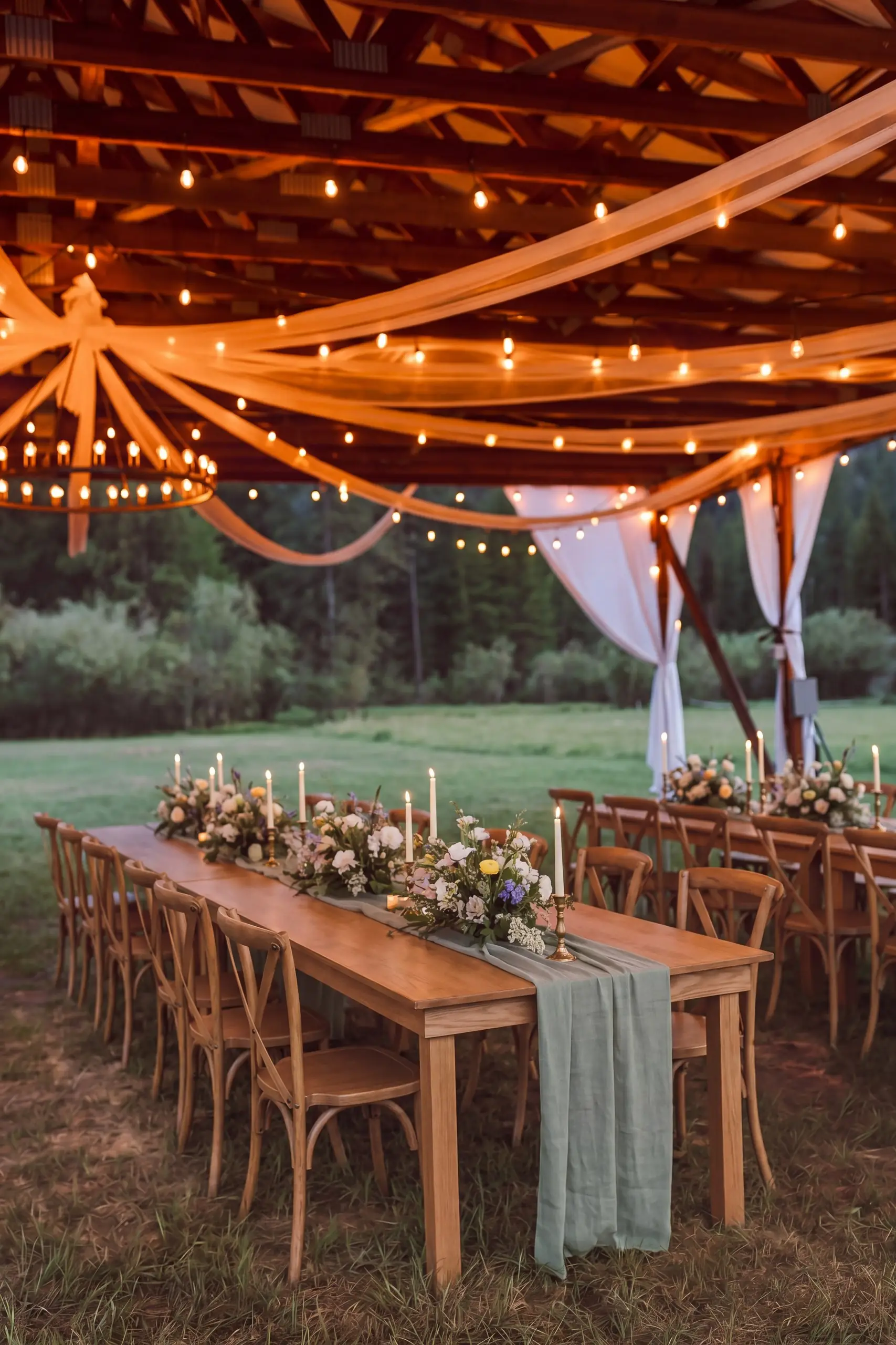 Long wooden tables with sage runners and florals under draped fabric and string lights in the hangar